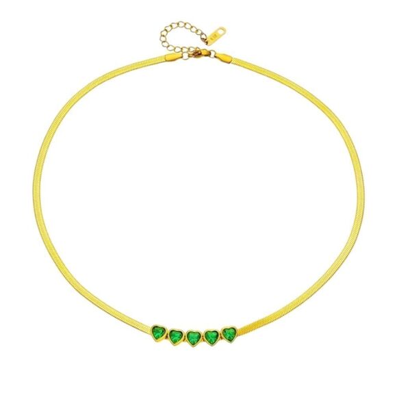Green Hearts Stainless Steel Crystal Gold-tone Snake Chain Choker Necklace - Picture 3 of 13